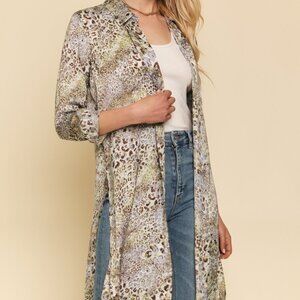MYSTREE Animal Print Longline Button Down Tunic, Collared High-Low Shirt Dress
